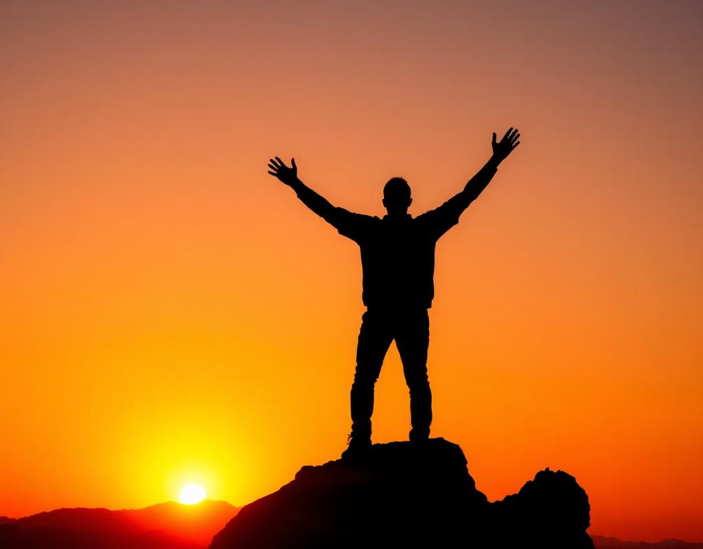 Silhouette di un uomo con le braccia alzate al tramonto
